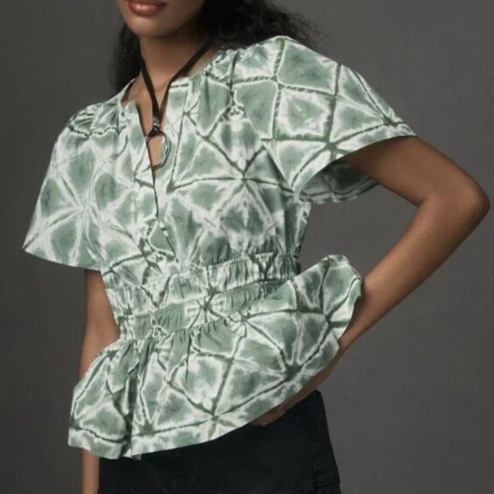 Anthropologie Summerset Blouse NWOT Green Cream Diamond Print Short Sleeve Sz M